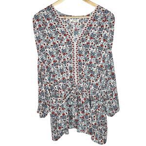 Max Studio Floral Top Orange Blue White Womens Size 1X Tie Boho Chiffon
